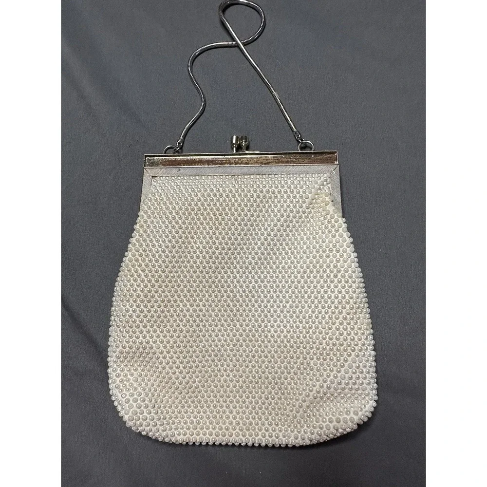 Vintage Hand Made in Hong Kong Mid Century Beaded Purse Ivory Clutch 1950s 1960s
